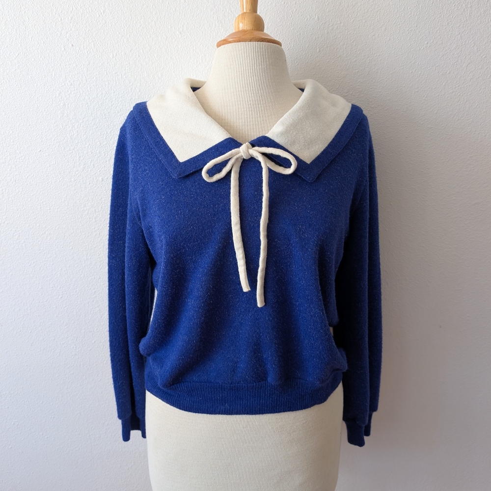 Women's Blue and Cream Sweater with Bow Detail